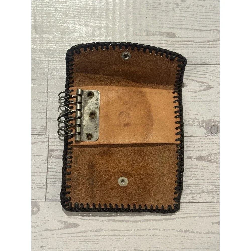 VTG Hand Tooled Leather Bird Floral Mini Key Case Western Whipstitch Tan Brown